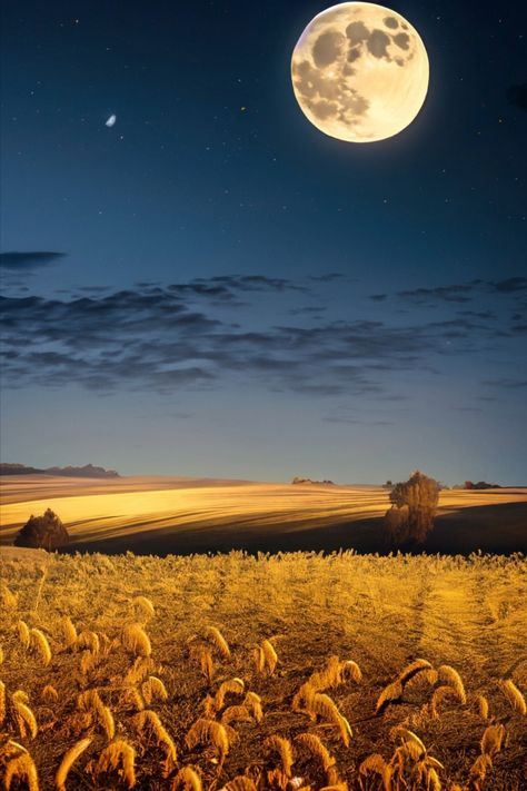 Moon, Harvest, Fields, Night, Golden, Abundant, Glow, Crops, Bountiful, Moonlight Harvest Moon Aesthetic, Harvest Wallpaper, Autumn Backgrounds, Nightmare Before Christmas Wallpaper, Mobile Backgrounds, Harvest Party, Fields Of Gold, Yellow Sky, Harvest Moon