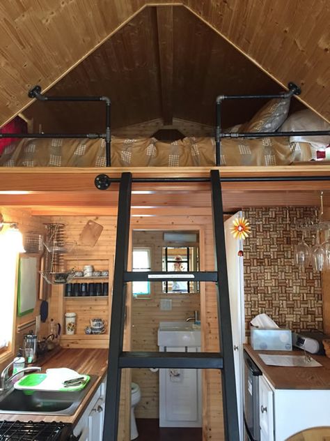 Tiny House - Ladder to loft moves slides out of the way Small Loft Ladder Ideas, Shed Loft Stairs, Tiny House Loft Stairs Ideas, Tiny House Loft Railing Ideas, Sliding Loft Ladder, Shed Loft Ladder Ideas, Tiny House Loft Ladder, Retractable Loft Ladder Ideas, Loft Ladder Ideas Space Saving