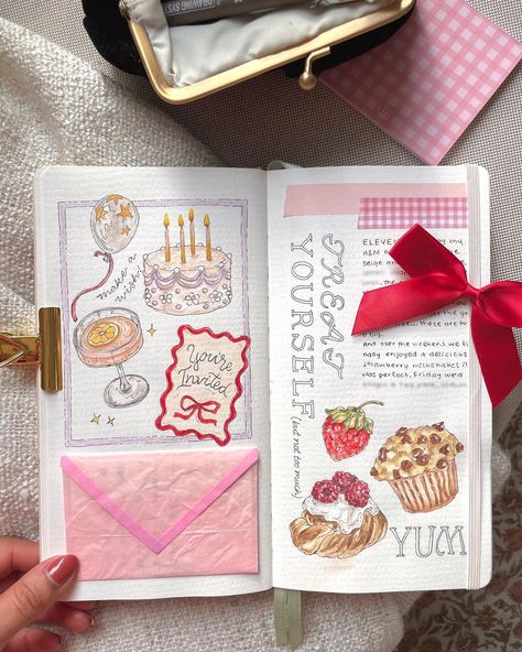 Just some illustrations…🍰🍩What’s your favorite pastry or desert?🥐🧁 I felt like drawing some tasty sweets on these pages and a strawberry because they go perfectly with pastries!🍓🥰 . . . . #bujo #bulletjournal #bujospread #journalspread #journalcommunity #journaladdict #artjournalpage #sketchbooktour #sketchbookpage #watercolorjournal #artjournal #illustratedjournal #gouachepainting #gouacheillustration #creativejournal What To Put In Your Journal Ideas, Birthday Journal Page, Things I Like, Drawing Ideas Journal, Drawing Journal Ideas, Things To Write In A Journal, Planner Illustrations, Journaling Drawings, Journal Drawing Ideas