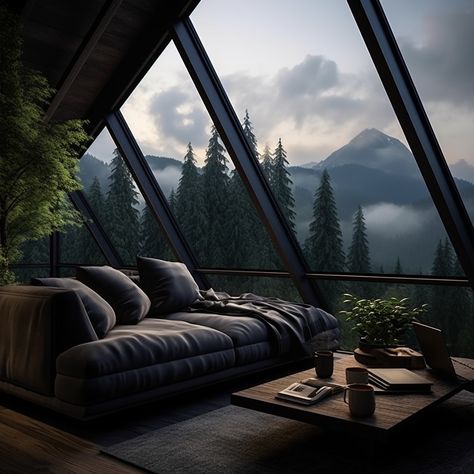 Room With Forest View, Forest House Aesthetic, Moody Color Scheme, House With Big Windows, House Beautiful Living Rooms, Holly House, Decor Pad, A Frame House Plans, Dark House