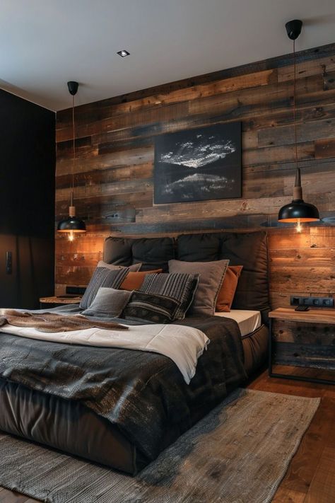 Male Bedroom Ideas, Modern Rustic Bedrooms, Dark Wood Bedroom, Masculine Bedroom, Moody Bedroom, Stil Rustic, Neutral Bedrooms, Dark Bedroom, Mens Bedroom