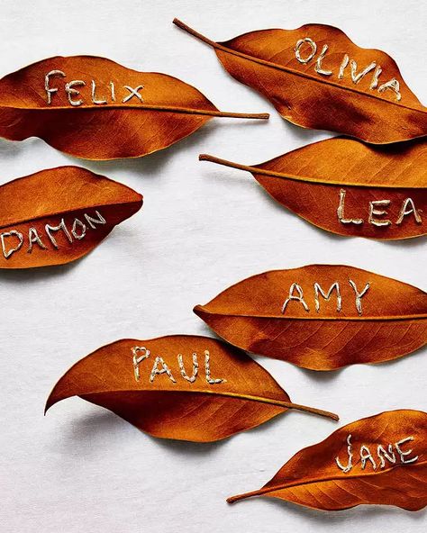 Embroidered-Leaves-277-CM-MASTER-6143888_vert Flower Place Cards, Outdoor Fall Decor Ideas, Place Settings Thanksgiving, Nature Paper, Thanksgiving Place Cards, Diy Leaves, Diy Thanksgiving, Embroidered Leaves, Leaf Crafts