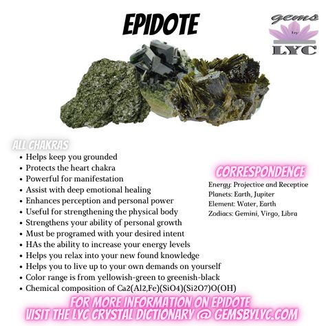 For more information on Epidote visit the LYC Crystal Dictionary @ gemsbylyc.com Glaucophane Crystal Meaning, Chrome Diopside Crystal Meaning, Prehnite With Epidote Meaning, Epidote Crystal Meaning, Crystal Dictionary, Crystal Divination, Crystal Cards, Epidote Crystal, Crystal Seashells