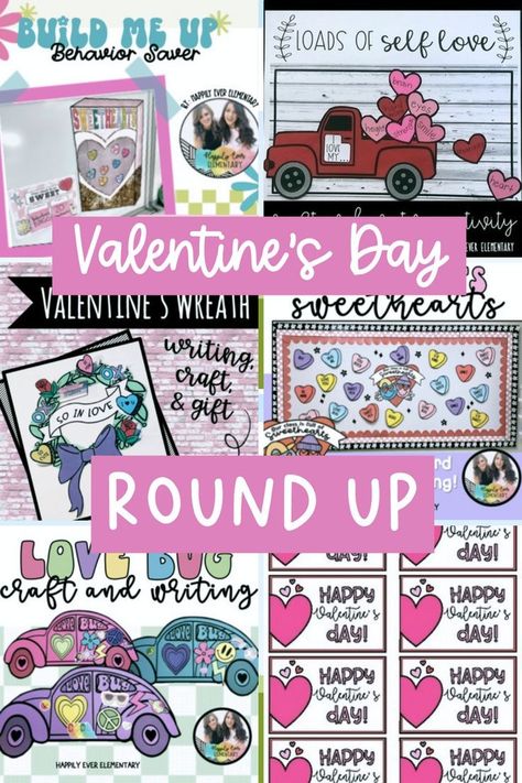 SAVE and share this post for the ULTIMATE Valentine's Day round up! You will find Valentine's Day craft and writing activities, classroom Valentine's Day bulletin board ideas, Valentine party games for classroom parties, student gift ideas for Valentine's Day and even a FREEBIE Valentine gift tag to download. Valentine Party Games, Games For Classroom, Elementary Valentines, Student Gift Ideas, Happy Bus, Holiday Bulletin Boards, Valentine Party Game, Valentines Day Bulletin Board, Valentines Gift Tags