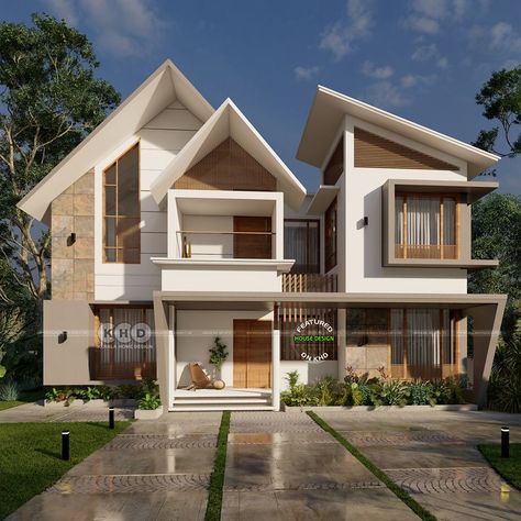 Sloping roof Kerala house design Contemporary House Exterior Kerala, Modern House Front Elevation, Slope House Design, Contemporary Elevation, House Front Elevation, Building Design Plan, Sloping Roof, Slope House, House Outer Design