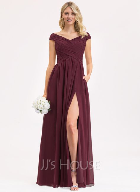 [£111.00] A-Line Off-the-Shoulder Floor-Length Chiffon Bridesmaid Dress With Ruffle Split Front Pockets Split Prom Dresses, Prom Dresses With Pockets, Floor Length Chiffon Bridesmaid Dresses, Floor Length Prom Dresses, Ruffle Fabric, Chiffon Evening Dresses, Dresses Chiffon, Bridesmaid Dresses Online, A Line Prom Dresses