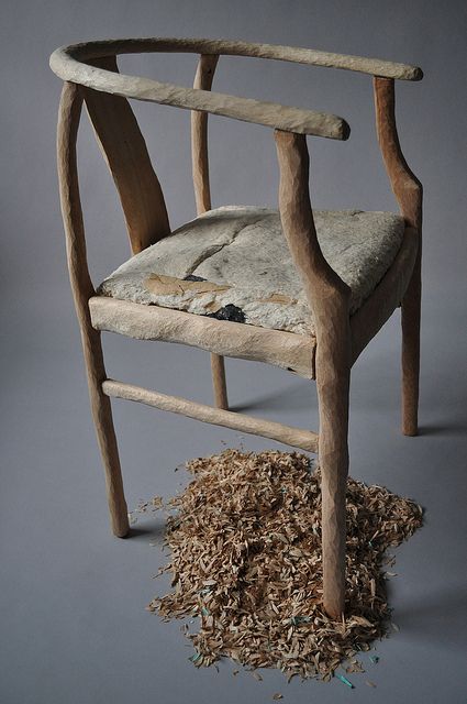 We've repurposed discarded chairs by stripping, painting and reupholstering, but it never occurred to us to turn a mass-produced, discarded chair into a whittled down piece of sculptural art. Asked to upcycle an unvalued object for an article 'Hack It Better', London artist Karen Ryan continued her Whittle series with Chair No. 3. Here's what she started with before she got busy with her pen knife. Love Chair, Thrift Store Crafts, Art Chair, Whittling, Furniture Inspiration, Wooden Chair, Wood Chair, A Chair, Rustic Furniture