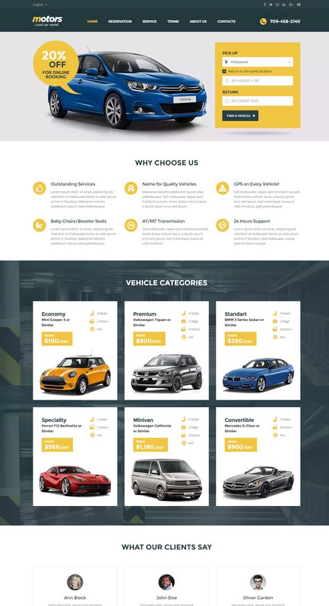 Motors Rent a Car theme |  Created especially for car rental business. Easily add your cars for rent, set the prices, add pickup/return locations, connect your payment method for bookings and start selling.  Let your customers book a car online, so you can easily organize your workload.   Live Preview:http://motors.stylemixthemes.com/rent-a-car Web Landing Page Design, Car Rental Website, Web Landing Page, Car Websites, Auto Service Center, Rent Car, Booking Website, Car Rental Company, Webpage Design