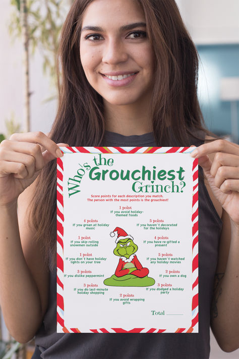 Get ready to transform your holiday gatherings with our delightful "Who's the Grouchiest Grinch?" Printable Grinch Party Game! Perfect for Christmas parties or family get-togethers, this engaging game will reveal who's the true Grinch in the group. With easy-to-follow instructions and vibrant graphics, it's suitable for parties with kids or adults alike. Simply download, print, and play—it's that easy to add some green-hearted fun to your festivities! Grinch Adult Christmas Party, Grinch Grab Game, The Grinch Party Ideas, Grinch Christmas Photoshoot, Grinch Games For Adults, The Grinch Baby Shower Theme, Christmas Family Games Ideas, Grinch Party Games, Grinch Christmas Games