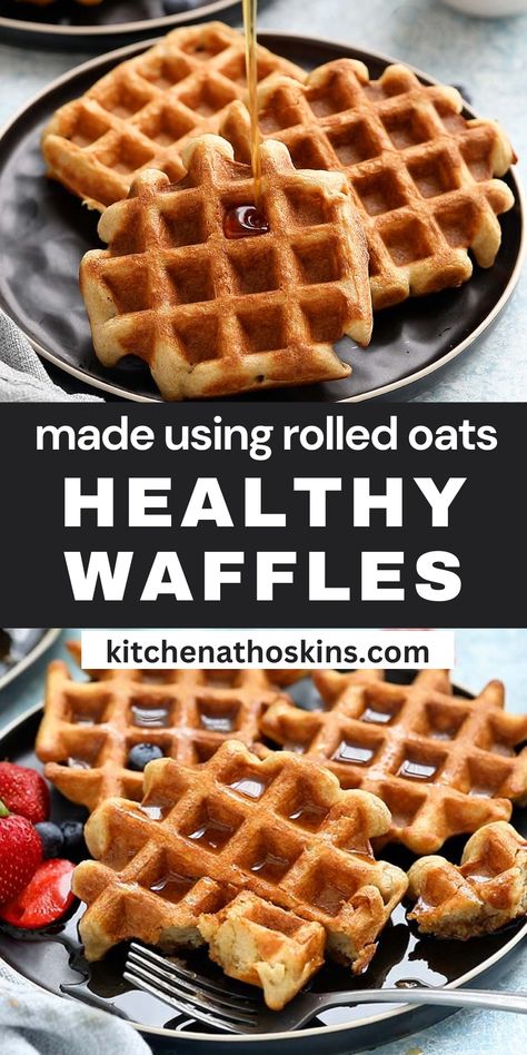 Oatmeal Waffles are one the easiest waffle recipes you'll make! Just add all ingredients into a blender, blend, and make waffles! Made using wholesome ingredients, there's no flour or butter. They are fluffy with a perfectly crisp exterior! Waffles No Butter, Rolled Oat Waffles, Tapioca Flour Waffles, Oatmeal Protein Waffles, Healthy Blender Waffles, Healthy Waffle Mix Recipe Easy, Dash Mini Waffle Maker Recipes Healthy, Clean Waffle Recipe, Simple Waffle Mix Recipe