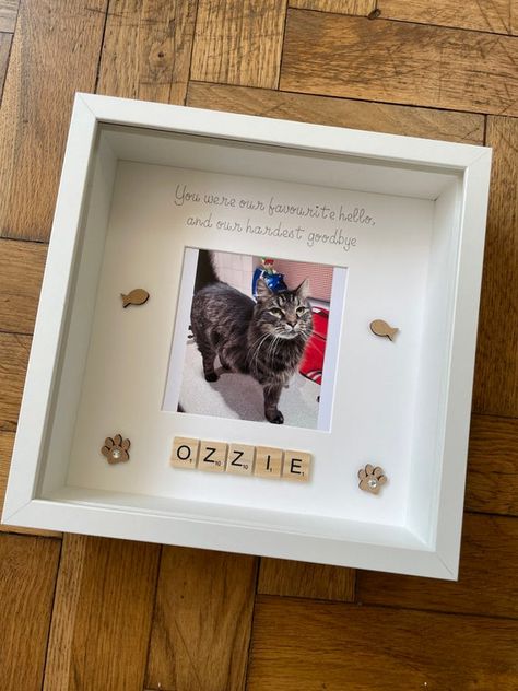 A lovely personalised cat Memorial Frame.I can personalise how you wish with different wording etc.A lovely keepsake for any pet over.A lovely way to remember that special four legged friend.Frame size is 25cmx25cmWhite frames only available. Thank you for looking 😊 xx Cat Shadow Box Memorial, Cat Memorial Shadow Box Ideas, Memorial Pet Ideas, Pet Memorial Ideas Cat, Cat Memorial Ideas, Pet Memorial Ideas, Christmas Frames Diy, Shadowbox Ideas, Friend Frame