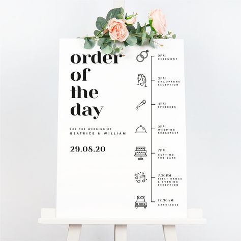 Wedding Day Event Schedule, Wedding Running Order, Order Of The Day Ideas, Wedding Timings Of Day, Schedule Of Events Wedding, Order Of The Day Wedding Sign, Wedding Extras Touches, June Wedding Ideas, Wedding Schedule Sign