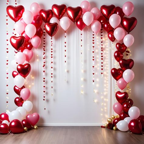 Red And Pink Balloon Arch, Valentine Day Backdrop Ideas, Valentines Day Photo Backdrop, Flower Jewellery For Mehndi, Bday Decor, Quinceanera Themes Dresses, Dance Decorations, Background Studio, Photo Wall Decor