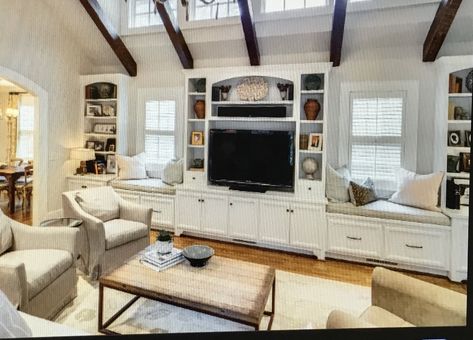 Entertainment Center In Front Of Window, Built In Entertainment Center With Windows, Entertainment Center Ideas With Windows, Built In Under Tv, Tv Wall With Windows Either Side, Sitting Room With Tv, Tv Between Two Windows Living Rooms, Built In Cabinets Living Room, Built In Wall Units