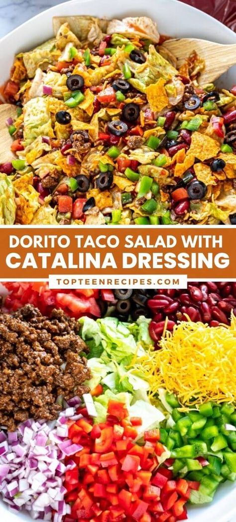 Dorito Taco Salad with Catalina Dressing - Top Recipes Taco Salad Recipe With Doritos, Nacho Doritos Taco Salad, Taco Bowl Salad Recipe, Taco Salad For A Crowd Parties, Salad Supper Ideas, Easy Dorito Taco Salad, Doritos Taco Pasta Salad, Salads For Dinner Healthy, Taco Salad With Thousand Island Dressing