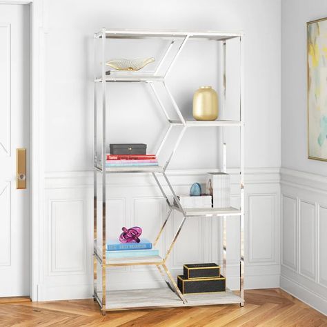 Etta Avenue™ Kathleen 72" H x 37" W Steel Geometric Bookcase & Reviews | Wayfair Spa Suite, Geometric Bookcase, Luxury Kids Bedroom, Office Bookcase, Etagere Bookcase, Modern Glam, Steel Shelf, Glam Style, Chrome Colour