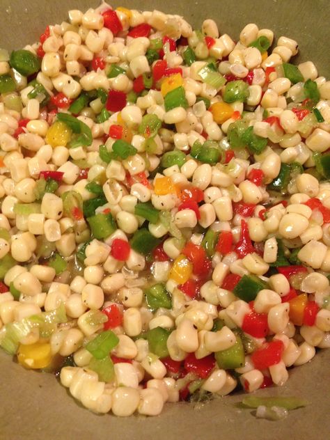 My sweet cousin, Susie, makes this amazingly delicious corn salad… It is one of my favorite sides this time of year!   This is so easy! Let’s get started! In a large bowl, add the drained corn, drained pimento,  chopped celery, bell pepper and green onions…   Now to make the dressing… Combine the Apple … Shoepeg Corn Salad Recipe, Shoepeg Corn Salad, Cold Corn Salad, Shoepeg Corn, Marinated Salad, Corn Recipes Side Dishes, Corn Salad Recipe, Marinated Vegetables, Vegetable Salad Recipes