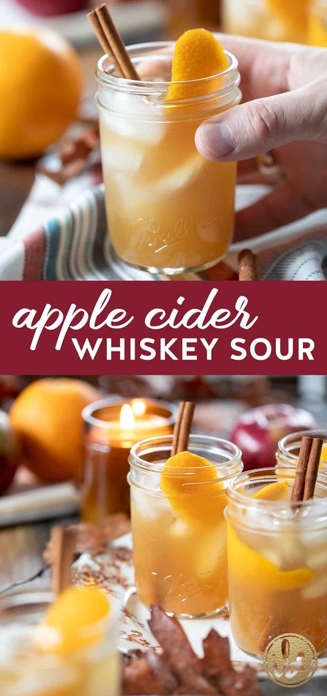 Discover the taste of fall with this Apple Cider Whiskey Sour! A perfect blend of apple cider, a hint of ginger, a kiss of cinnamon and smooth whiskey creates the ultimate autumn cocktail. Whether you're hosting or just cozying up at home, this autumn drink is a must-try. Cheers to the cozy vibes and this festive fall drink recipe. Fall Whiskey Cocktails, Apple Cider Whiskey, Whiskey Cocktails Easy, Whiskey Sour Cocktail, Popular Alcoholic Drinks, Autumn Cocktail, Autumn Drink, Apple Cider Syrup, Whiskey Sour Recipe