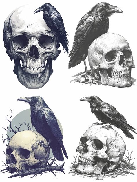 Midjourney prompt: A skull and a crow in the background, - PromptHero Crow Skull Reference, Skull Drawing Aesthetic, Crow Skull Drawing, The Crow Art, Crow On Skull, Crow And Skull, Skull Profile, Skull Black And White, Crows Drawing