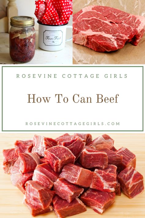 Wanting to try your hand at canning beef and don’t know where to start? We’re sharing our favorite way to can beef that comes out tender and delicious every time! It’s easier than you think! And we are going to walk you through every step along the way. #rosevinecottagegirls #pressurecanningrecipes #canningbeef Canned Beef Recipe, Meat Canning, Canning Beef, Pressure Canning Meat, Preserve Meat, Canned Beef, Canning Chicken, Full Pantry, Canning Meat