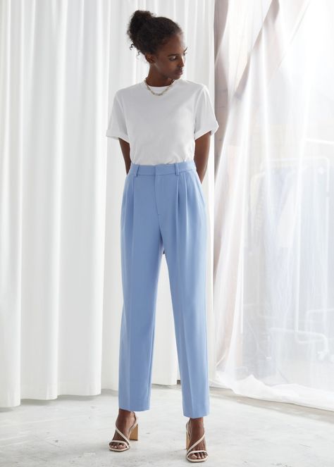 Duo Pleat Tailored Trousers Light Blue Trousers Outfit, Blue Trousers Outfit, Blue Pants Outfit, Light Blue Pants, Trouser Outfit, Trouser Outfits, Blue Trousers, 가을 패션, Blue Pants