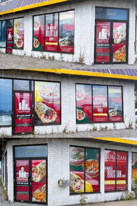 Temporary construction hoarding window graphics “Opening soon” designed, printed and installed for the upcoming location of the restaurant franchise Boustan in Pie-IX, Montreal-Nord. Open Soon Design, One Way Vision Window Graphics, Restaurant Hoarding Design, Graphic Design Restaurant Branding, Food Display Design, Restaurant Window Graphics, New Store Opening Poster, Franchise Poster Design, Window Graphic Design Store Fronts