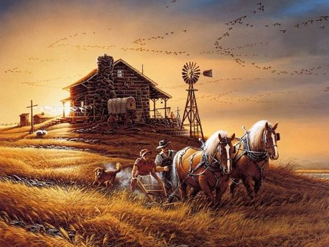 FOR AMBER WAVES OF GRAIN, BY TERRY REDLIN Terry Redlin Paintings, Terry Redlin, Wilde Westen, Covered Wagon, Cowboy Art, Farm Scene, Diamond Mosaic, Country Art, Western Art