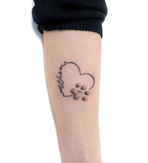 Paw Print Tattoo With Letter, Forever In My Heart Dog Tattoo, Dog Tattoo Ideas Infinity, Paws Heart Tattoo, Dog Heart Tattoo Ideas, Puppy Love Tattoos, Heart Tattoo With Paw Print, Dog Paw Print Heart Tattoo, Small Paw Tattoos For Women