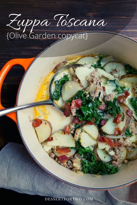 Zuppa Toscana {Olive Garden copycat} | Dessert for Two | Zuppa Toscana (copycat Olive Garden recipe) made in just one pot to serve two. It’s a creamy potato soup bolstered by sausage. Don’t forget the kale, because if something has kale, it’s healthy and justifies the bacon, right? #zuppatoscana #copycat #olivegarden #onepot Copycat Zuppa Toscana Soup, Olive Garden Zuppa Toscana Soup Dairy Free, Olive Garden Kale And Sausage Soup, Olive Garden Zuppa Toscana Soup Vegan, Copycat Olive Garden Soup, Olive Garden Zuppa Tuscana Copy Cat, Olive Garden Soups, Zuppa Toscana Soup, Toscana Soup