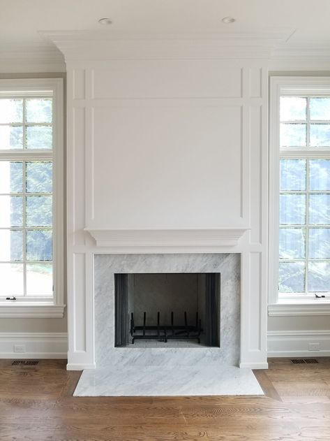 Transitional Fireplace Design, Fireplace Between Windows, Fireplace Molding, White Fireplace Mantels, Wood Fireplace Surrounds, Fireplace Trim, Fireplace Mantel Designs, Tall Fireplace, Stone Fireplace Surround