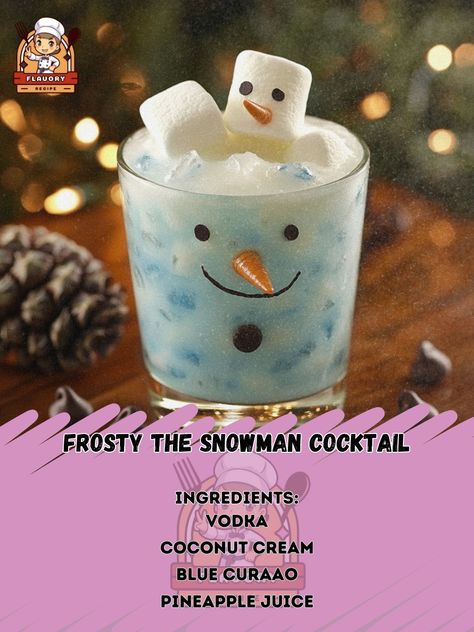 🎄✨ Get into the festive spirit with our Frosty the Snowman Cocktail! A delightful winter drink perfect for holiday celebrations. ❄️ Recipe: Frosty the Snowman Cocktail Ingredients: - 2 oz vodka - 1 oz coconut cream - 1 oz blue curaçao - 2 oz pineapple juice - Ice cubes - Marshmallows for garnish - Mini chocolate chips for garnish Instructions: 1. In a shaker, combine vodka, coconut cream, blue curaçao, and pineapple juice. 2. Add ice cubes and shake well until chilled. 3. Strain the mixtur... Frosty The Snowman Cocktail, Snowman Drink, Snowman Cocktail, Fun Christmas Drinks, Christmas Cocktails Vodka, Vodka Blue, Juice Ice Cubes, Winter Drink, Cocktail Pitcher