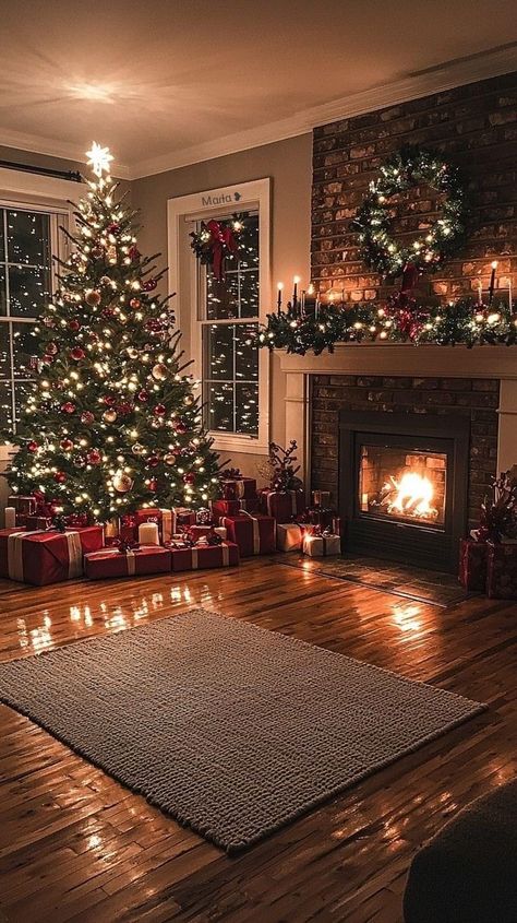 House Decorating Christmas, Warm Christmas Background, Christmas Tree With Fireplace, Red Christmas Decor Aesthetic, Christmas Tree Interior Design, Homey Christmas Decorations, Warm Christmas Lights Outside, Cozy Vintage Christmas Aesthetic, Warm Christmas Tree Ideas