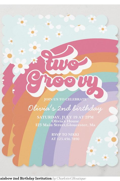 Two Groovy Retro Rainbow 2nd Birthday Invitation Two Groovy, 2nd Birthday Invitations, Groovy Retro, Retro Rainbow, Birthday Girl, 2nd Birthday, Girl Birthday, Birthday Invitations, Baby Shower