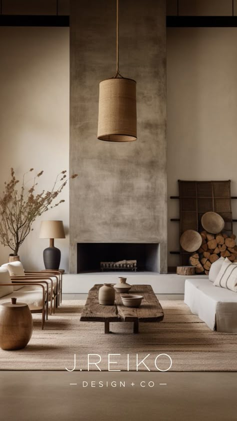 Modern Wood Burning Fireplace Natural, Small Living Room Modern Design, Japandi Living Room With Fireplace, Japandi Style Fireplace, Wabi Sabi Fireplace Decor, Fireplace Wabi Sabi, Japandi Chimney, Gray Plaster Fireplace, Travertine Living Room Interior Design