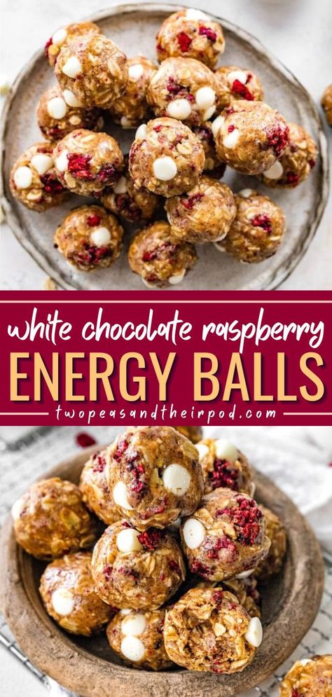 White Chocolate Raspberry Energy Balls are a quick and easy dessert recipe that only takes 10 minutes to make! These no-bake dessert balls are a great healthy breakfast idea. Save this pin! No Bake Balls, Dessert Balls, No Bake Energy Balls, Fitness Snacks, Peanut Butter Recipe, No Bake Energy, Healthy Breakfast Idea, Protein Balls Recipes, Energy Bites Recipes