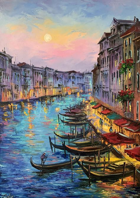 My own original artwork, printable artwork of Venice. Digital download, digital file of art.  This is my original painting, which I painted with oil paints and then created a print, so that it was easy to get the painting by printing it at home or in a professional studio. The size of the image A3. ( 29/42 centimetres) ,you can also print different sizes smaller than the specified one. The quality of the print depends on the colours used in the salon or at home. Please note  This print is an Instant Download product. Therefore ,no physical product will be shipped to you.You will receive a link to the email that is associated with your Etsy account which will take you directly to the page  where you can download the image. Italy Cityscape, Italy Artwork, Venice Art, Venice Painting, City Canvas, Let's Make Art, Italy Wall Art, Landscape Art Painting, Cityscape Art