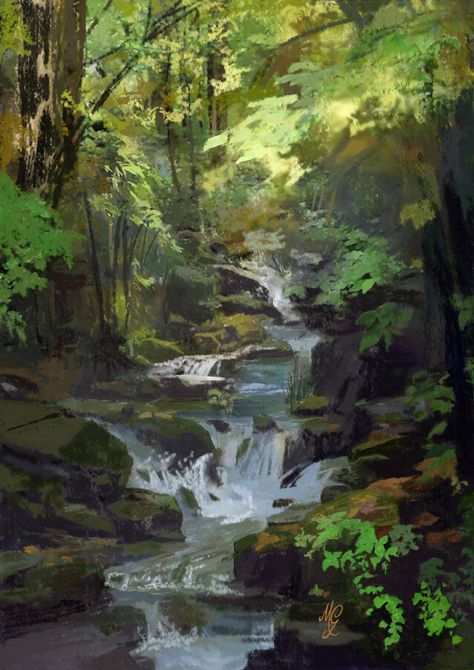 Waterfall Paintings, Snowy Landscape, Concept Ideas, Foggy Forest, Landscape Concept, Digital Paintings, 수채화 그림, Landscape Drawings, Fantasy Art Landscapes