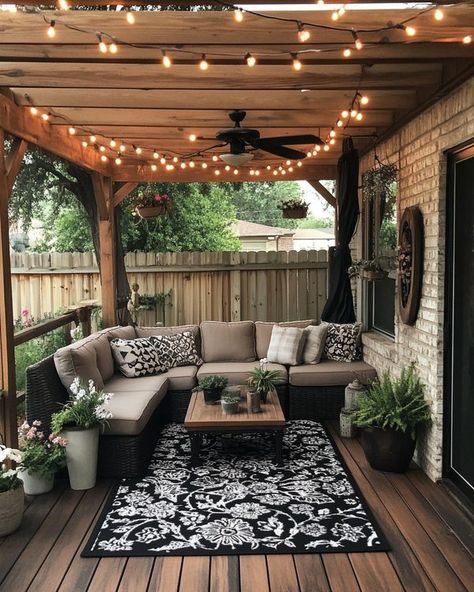 Small Back Porches, Farmhouse Patio, White Wash Brick, Boho Interior Design, Peaceful Home, Brick Patios, Outside Living, Balcony Design, House Landscape