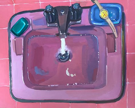 Bathroom Sink Illustration, Kitchen Sink Painting, Bathroom Sink Painting, Bathroom Sink Drawing, Sinking Painting, Sink Reference, Sink Illustration, Sink Painting, Aesthetic Sink