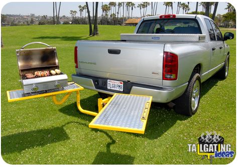 The Tailgate Partymate helps you out when tables aren't available!  #UltimateTailgate #Fanatics Camp Diy, Extended Table, Truck Hitch, Truck Accesories, Tailgating Ideas, Truck Tailgate, Truck Mods, Hitch Accessories, Truck Camping