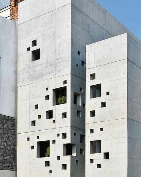 concrete building, square pattern Concrete Facade, Concrete Architecture, Modern Architecture Building, Vintage Architecture, Architecture Design Concept, Modern Architecture House, Building Facade, Architecture Exterior, Facade Architecture