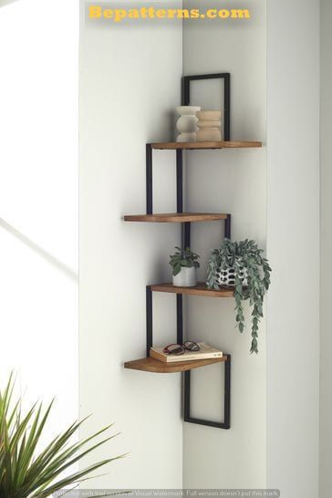 Metal Wood Shelves, Wooden Shelves For Bedroom, Stacked Shelves In Bedroom, Black Metal And Wood Decor, Black And White Shelves, Black White And Wood Living Room Decor, Next Bronx Bedroom, Black And Wood Bedroom Decor, Home Metal Decor