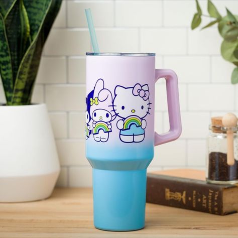 Sanrio Hello Kitty and Friends Featuring My Melody, Kuromi, and Pompompurin Rainbow Ombre Stainless Steel Tumbler with Handle💞 | Stanley Cup | Sanrio Kawaii aesthetic | #commissionearned Kuromi And Pompompurin, Sanrio Tumbler, Cinnamonroll Sanrio Mug, Sanrio Kitchenware, Sanrio Tea Set, Sanrio Accessories, Sanrio Thermos, My Melody Kuromi, Hello Kitty And Friends