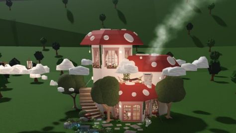 Bloxburg Mushroom House, Cottagecore Mushroom House, Cottagecore Bloxburg House, Bloxburg Cottagecore, Bloxburg Family Home, Bloxburg House Design, Cottage Core Bloxburg House, House Design Plans, Modern Decals