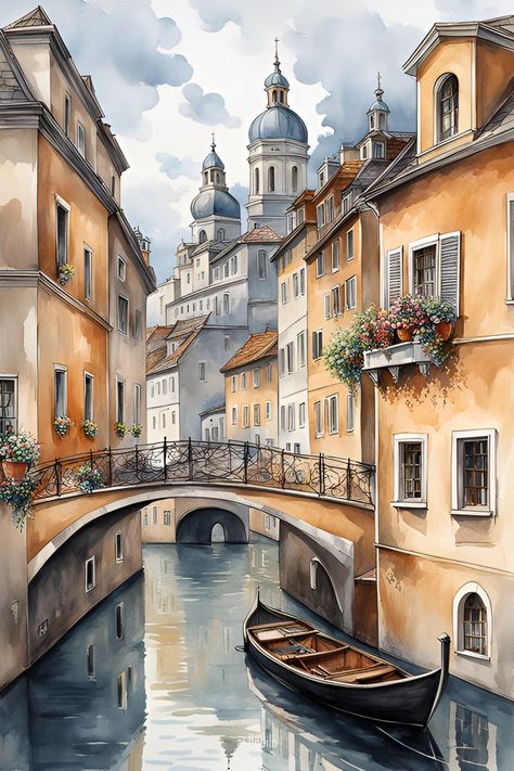 Classic style AI generated fantasy city landscape inspired by a famous old European city European City Drawing, Old Architecture Painting, Paintings Of Venice, Old City Painting, Watercolor Landscape Paintings Village, Fantasy City Landscape, Watercolor Art City, City Watercolor Painting, Fantasy Venice