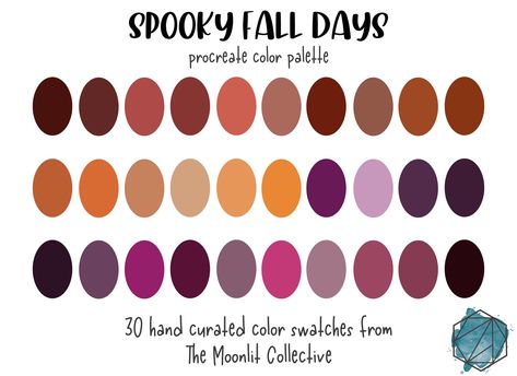 Spooky Fall Days Color Palette for PROCREATE (only works in the app Procreate) Procreate Color Palettes are perfect to save you time in your designing. Hand curated to make your project go smoother and not having to worry about your color palette. Your purchase includes: 1 .swatch file 1 Thank You and Instructions -Downloads will be available immediately after purchase. -Digital items cannot be downloaded via the Etsy app. Head to your favorite browser on your ipad such as Safari, Chrome, Firefox, etc. Sign into your Etsy account and then go to your purchases to find your downloads. Reminders: Because these are digital files, I do not allow refunds, exchanges, cancellations, etc. Please feel free to message me with any questions you may have. This file may not be shared, altered, or resold Fall Procreate Palette, October Palette Color, October Color Palette, Spooky Color Palette, Procreate Color Palette, Halloween Palette, Halloween Color Palette, Hex Color Palette, Color Palette Challenge