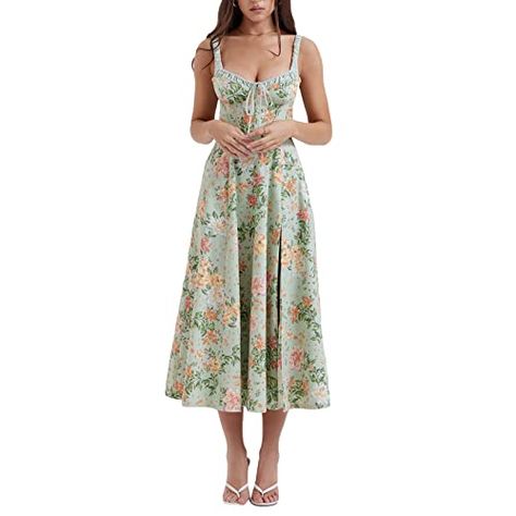 Women Y2k Square Neck Long Dress Low Cut Sleeveless Midi Dress Bustier Lace Trim Spaghetti Strap Going Out Swing Sundress Bustiers, Floral Bustier, Corset Midi Dress, Floral Corset, Camisole Dress, House Of Cb, Floral Print Midi Dress, Floral Print Maxi Dress, Printed Midi Dress