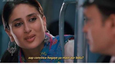 Bollywood Iconic Dialogues, Jab We Met Dialogues, Funny Bollywood Dialogues, Hindi Dialogues, Bollywood Dialogues, Funny Faces Quotes, Bollywood Aesthetic, Funny Compliments, Bollywood Memes