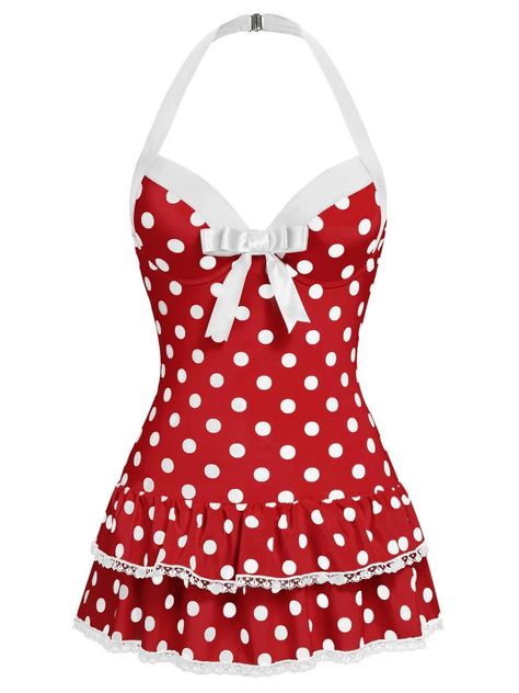 Red 1940s Polka Dots Halter One-Piece Swimsuit | Retro Stage Old Fashioned Bathing Suits, Polka Dot Dress Red, Retro Bathing Suits Vintage, Cute Swimsuits With Skirt, One Piece Swimsuit Skirt, Swim Dress Cute, 1950 Swimsuit, 1970s Swimwear, Cute Swimming Suits One Piece