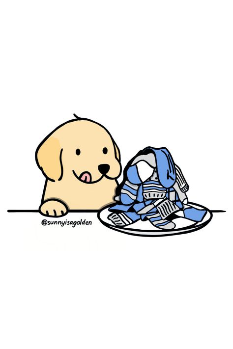 Dog In Box Drawing, T Shirt Dog Design, Golden Retriever Cute Drawing, Funny Dogs Drawing, Funny Dog Illustration Art, Golden Retriever Illustration Cartoon, Golden Retriever Drawing Cartoon, Funny Dog Drawings, Kawaii Golden Retriever